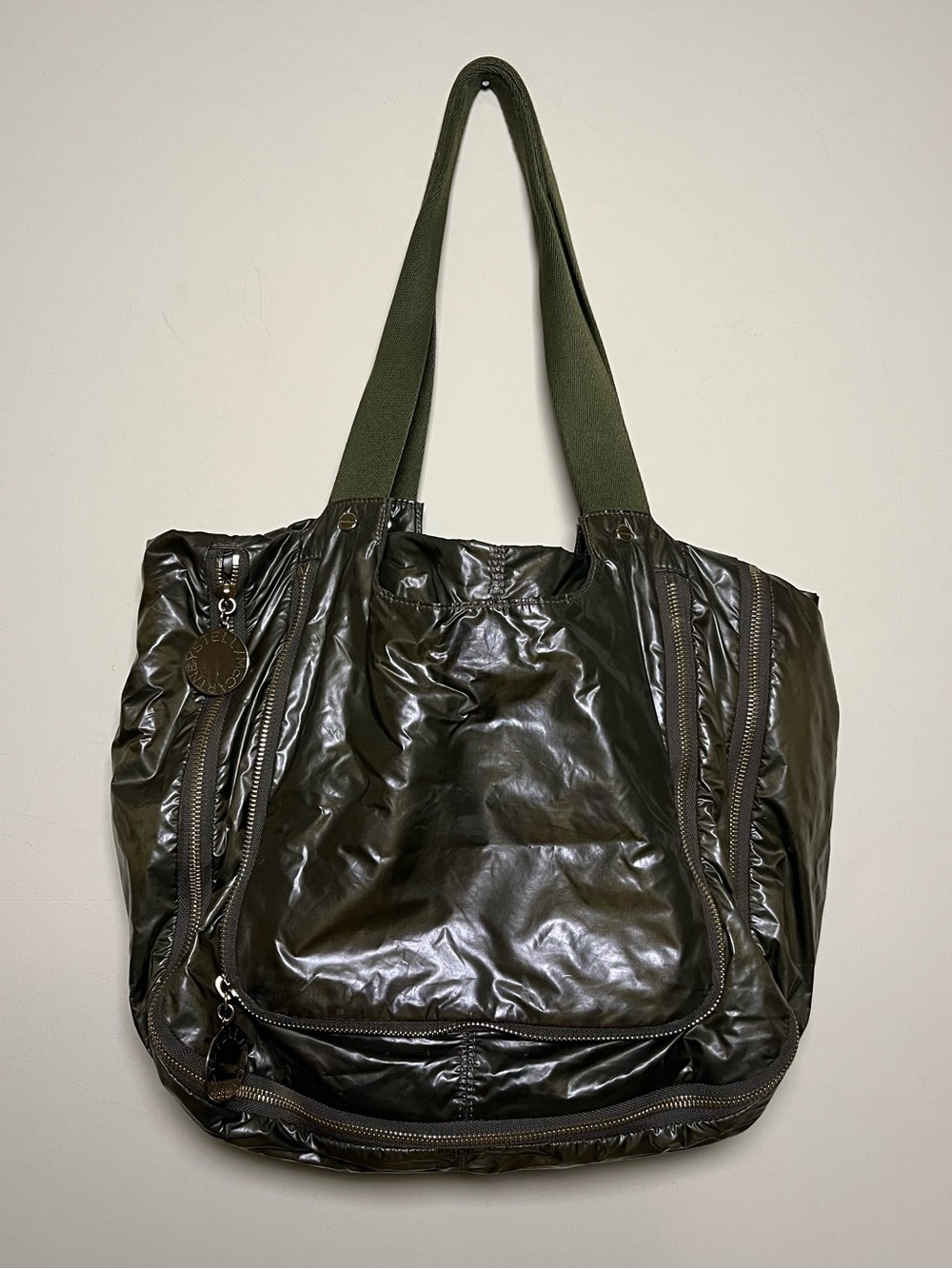Stella McCartney Zip Detailed Coated Shell Tote Vegan Leather Olive Green
